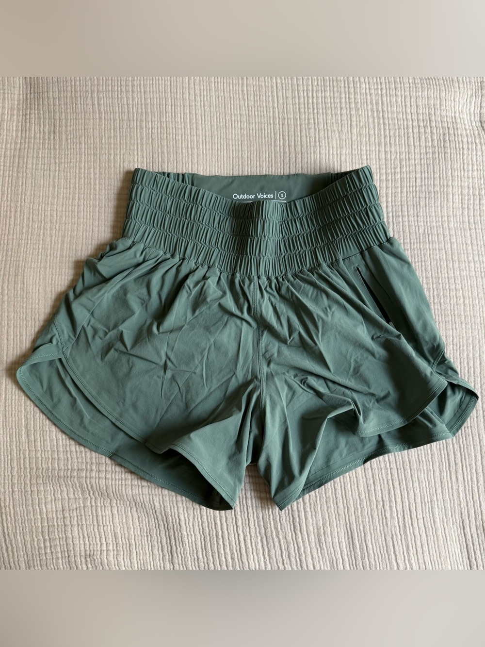 Outdoor Voices Shirred Waist Athletic Shorts — Green